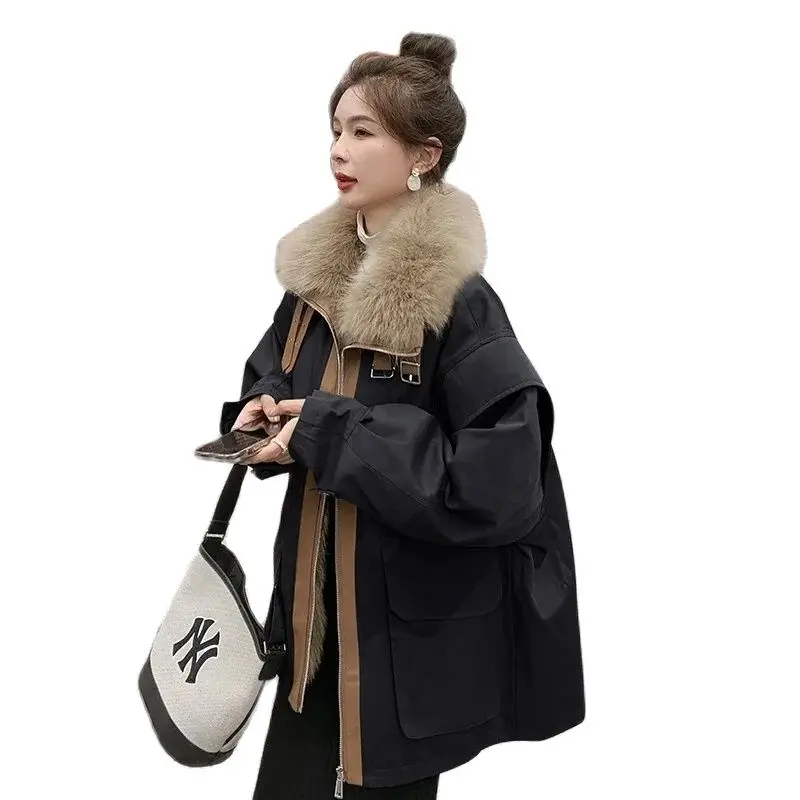 

High-grade Black Parker Cotton-padded Jacket Female Winter 2024 New Fleece Fashion Big Fur Collar Fried Street Warm Coat Tide.