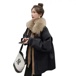 High-grade Black Parker Cotton-padded Jacket Female Winter 2024 New Fleece Fashion Big Fur Collar Fried Street Warm Coat Tide.