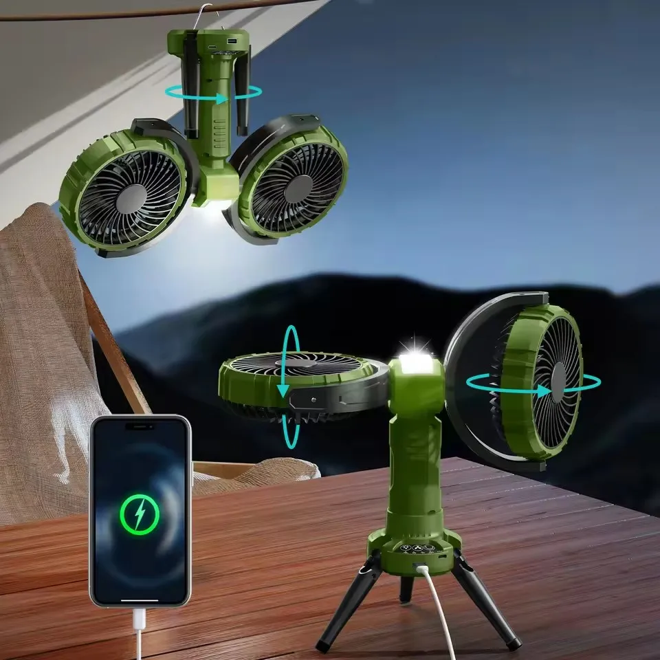 

Eary 8000 мАч/10000 мАч Вентилятор с двойной головкой USB Электрический настольный настенный вентилятор Портативный уличный охлаждающий вентилятор с крючками 4 скорости 2 уровня света