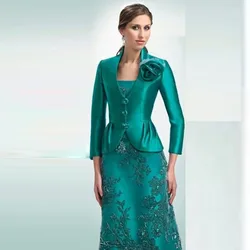 Elegant Two Piece Dark Green Satin Mother of the Bride Dresses  Floor Length Formal Party Dress With Coat