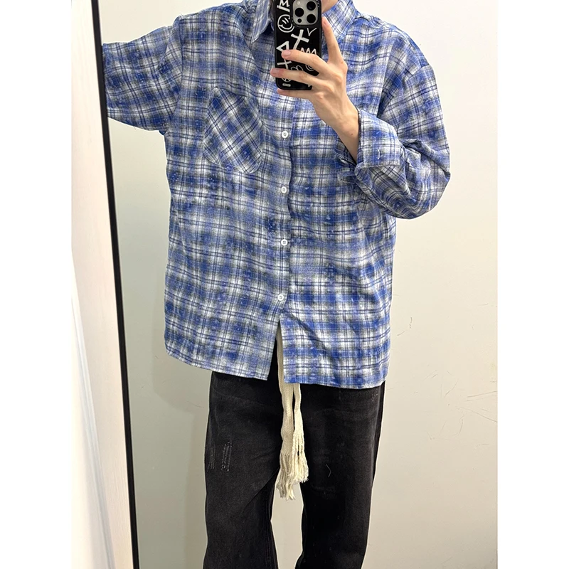 

Blue Plaid irt Men's Summer Casual Cheered Top Cleanfit Outerwear Loose Fit Iron-Free Procing Moisture Permeable