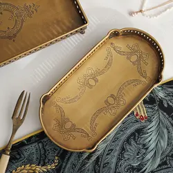 Embossed Vintage Brass Storage Tray American Luxury Rectangle Candy Snack Display Plate Hollowed Tea Cup and Wine Storage Trays