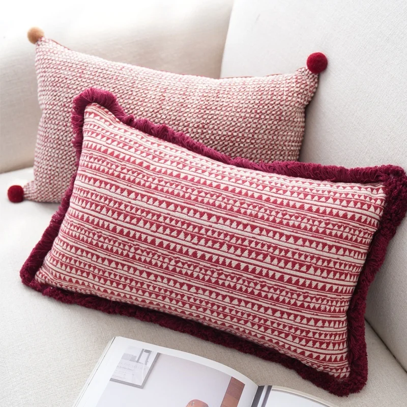 Red Burgundy Pillows Classical Geometric Cushion Case Texture Tassel Square Decorative Pillow Cover For Sofa Chair Home Decorate