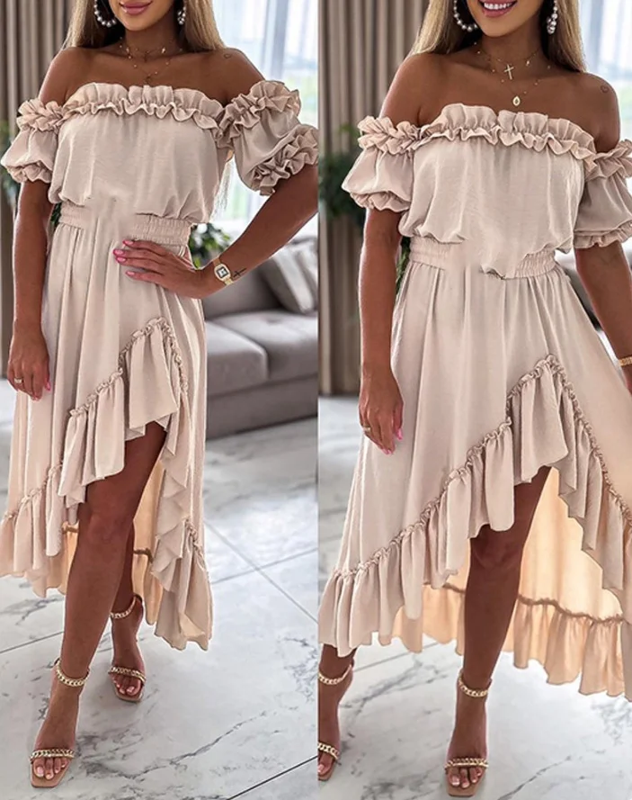 

Summer Dresses for Women 2024 Ruffle Frill Hem Asymmetrical Maxi Dress Sexy Elegant Off Shoulder Short Sleeves Party Dress