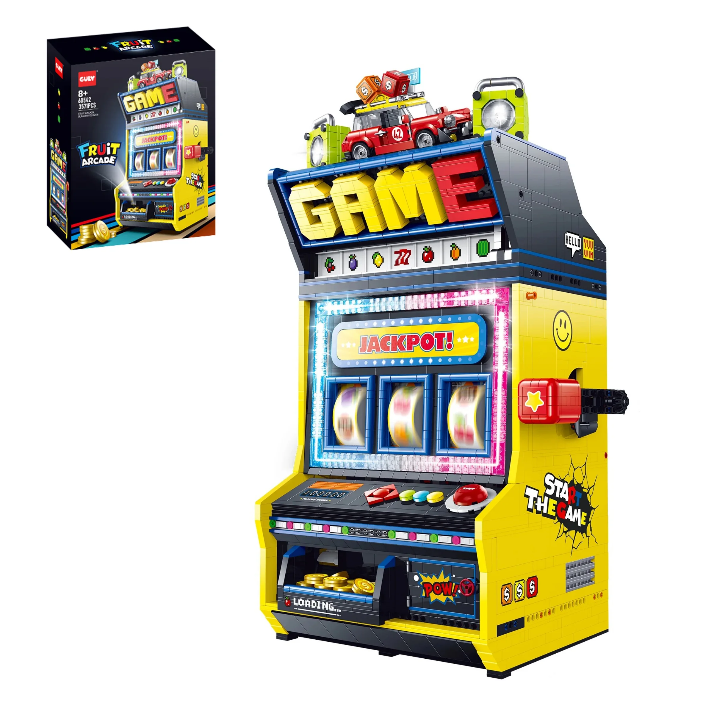 Klemmbausteine Frucht-Spielautomat mit Motor LED-Bausteine Klassisches Retro-Arcade-Bandit-Spiel Ziegelstein-Modellbausatz Jungen-Spielzeug Erwachsenen-Kinder-Geschenk 3571 Teile