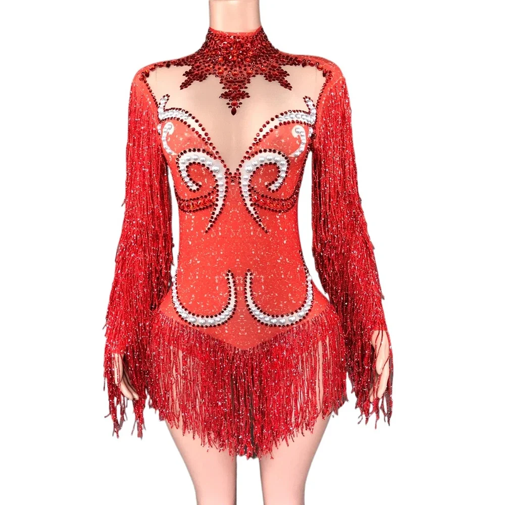 

Sparkly Rhinestones Tassels Leotard for Women Sexy Performance Bodysuit Dance Costume Nightclub Outfit Singer Dancer Stage Wear