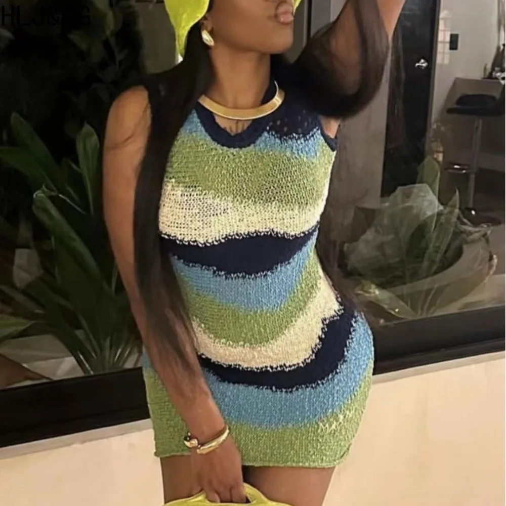 Hlj & gg moda malha listrado retalhos bodycon mini vestidos femininos bloco de cor sem mangas vestido feminino streetwear