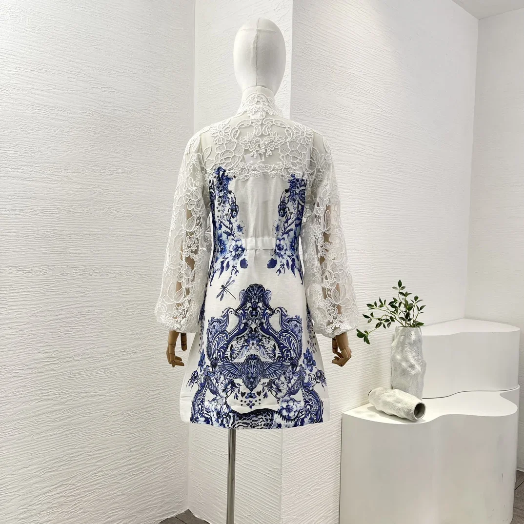 2024 New Arrivals Women High Quality White Blue Floral Print Long Sleeve Lace Embroidery Mini Dress Front Buttons Closure