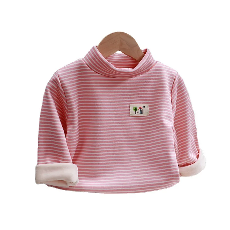 Winter Children Shirts Fleece Warm Tops for Kids Long Sleeve Boys Undershirts Stripe Girl T-shirts Plus Velvet Baby Tees Clothes