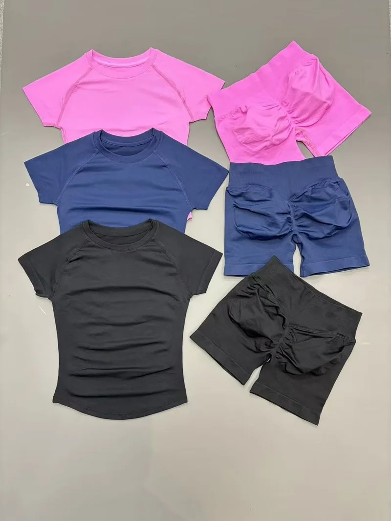 2 Piece HISTELLO Impact Gym Set Women Sports Short Sleeve Yoga Quick Dry Top Scrunch Butt Fitness Shorts Pilates Workout Clothes