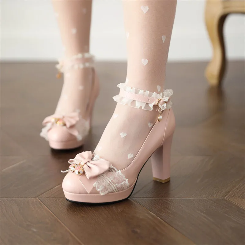 YQBTDL Autumn New Ladies Heels Platform Cute Bow Lace Princess Mary Jane Lolita Shoes Party Buckle Girls Sweet Women Pumps 2022