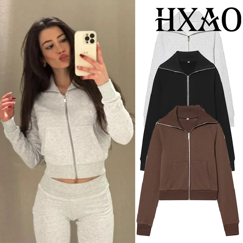 HXAO Fleece Sweatshirt Women's Jacket Cropped Grey Black Brown Jacket Woman Outerwears Long Sleeve Short Woman's Sports Jacket