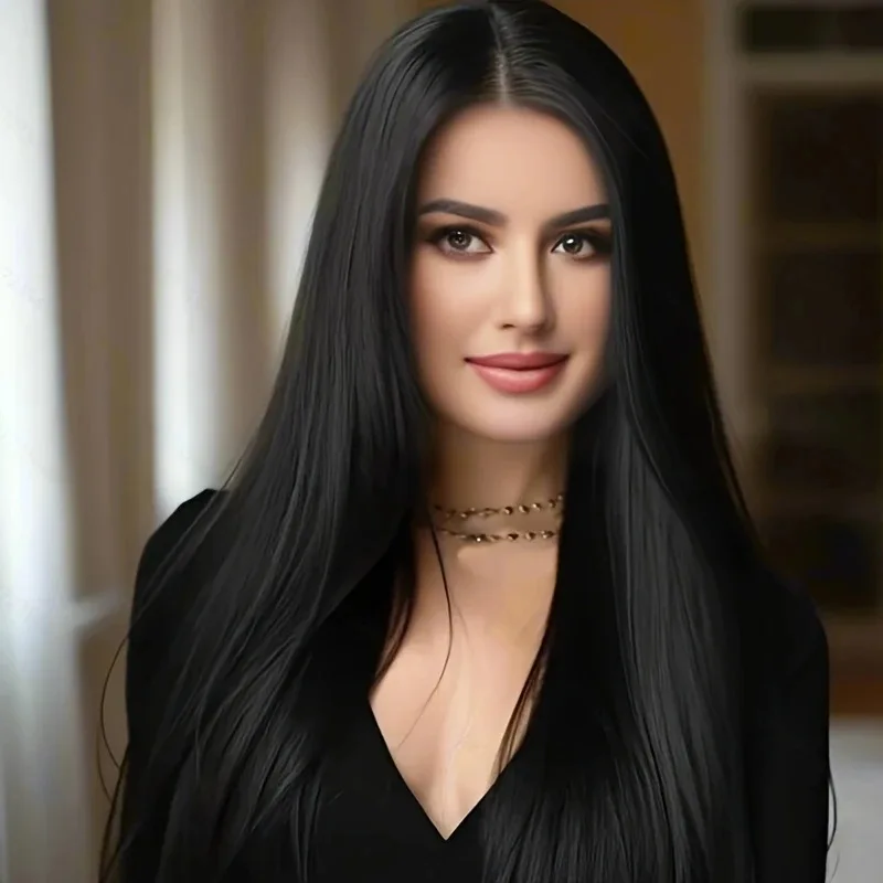 شعر مستعار طبيعي كامل للنساء لتغطية الرأس بالكامل، شعر طويل على الموضة الأوروبية والأمريكية، شعر طويل أسود مستقيم، فراق متوسط #1