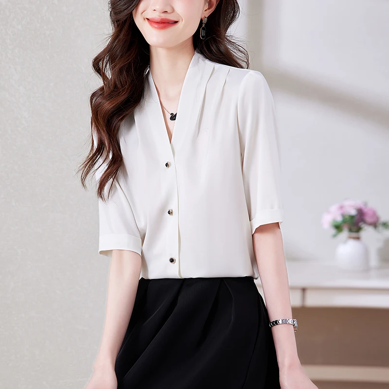 Women Summer Korean Fashion Satin Button Shirts Office Lady Elegant Business Casual Blouses Solid V Neck Short Sleeve Slim Tops