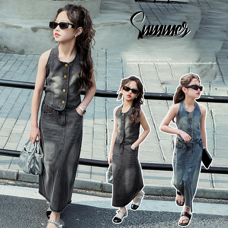 

Girls Suits Denim Dress Summer Dress 2024 New Personality Fashion Children Fashion Set Medium Two-piece Set Clothes