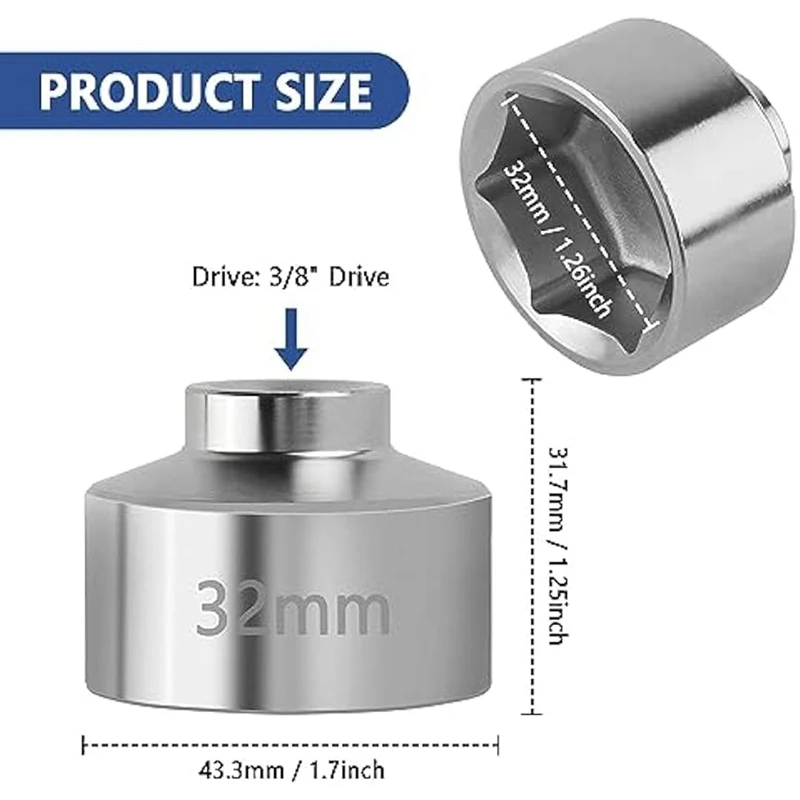 Socket-Oil Filter Wrench Tool, Aço Rapidamente, Ferramenta de Remoção, Drive, Durável, Durável, 32mm, 3 ", 8"