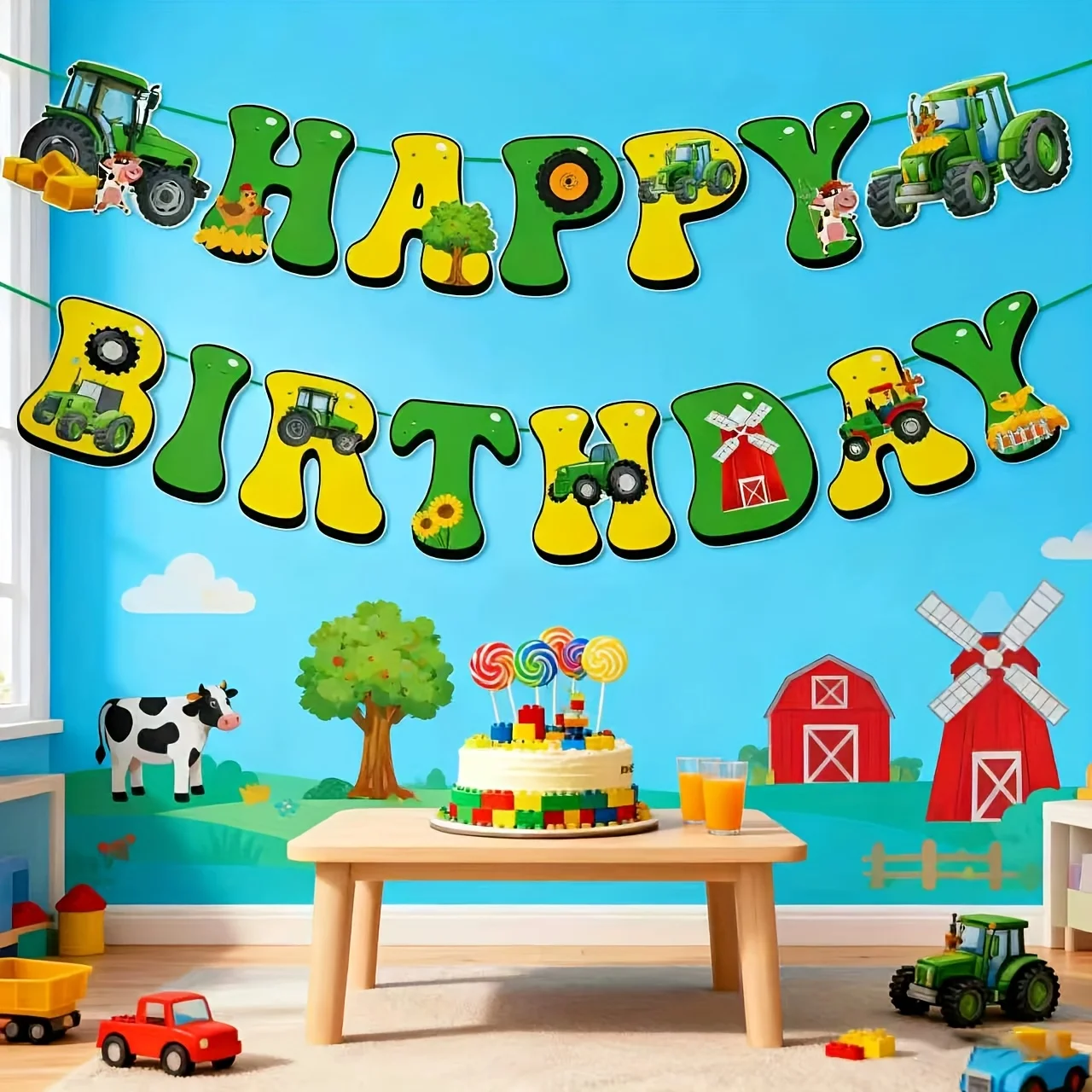 14-Piece Cartoon Farm Tractor Birthday Party Banner Pull Flags Decorations Set Versatile Background Decor for Birthday Parties