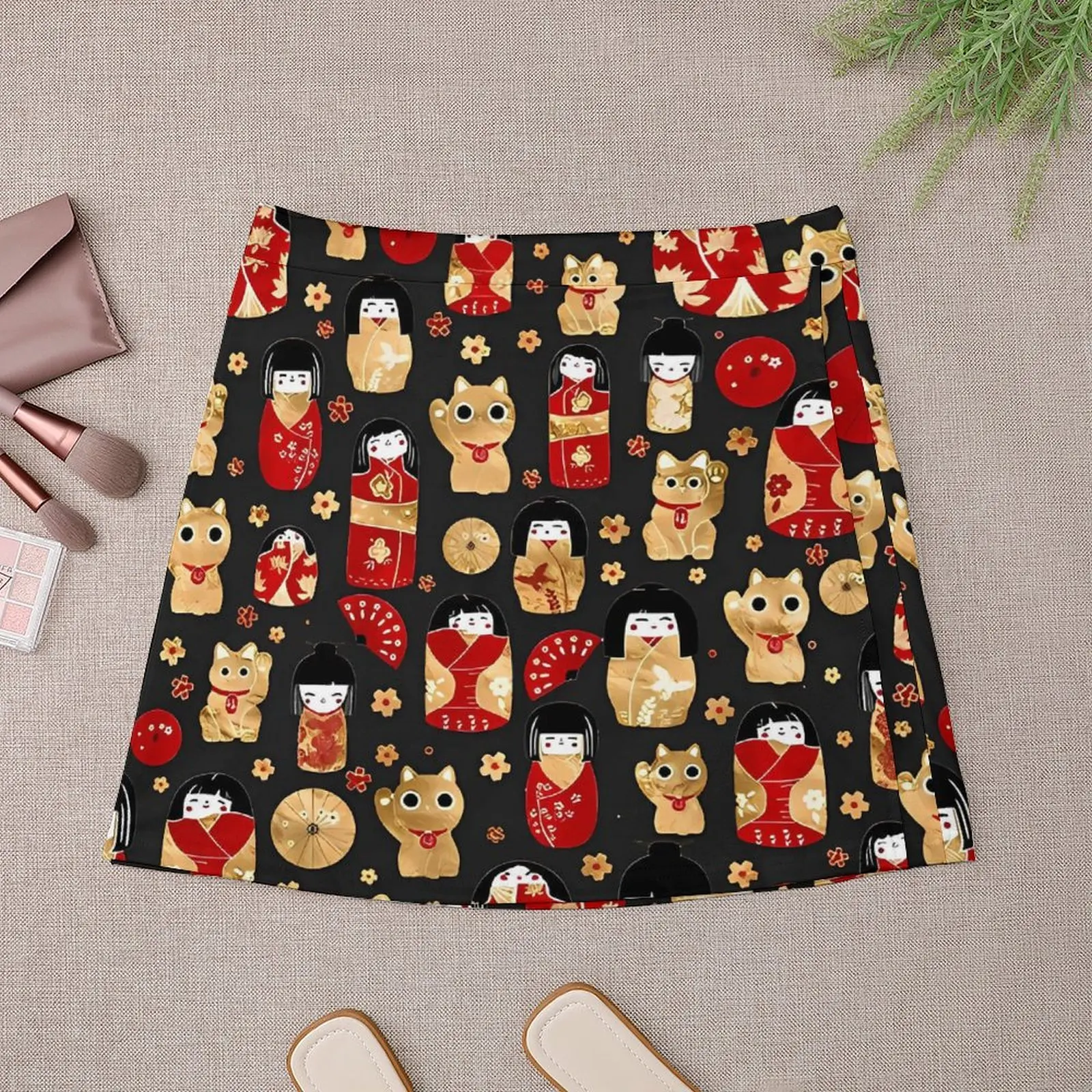 Kawaii Japanese Dolls Skirt Kokeshi and Maneki Neko Cats Fashion Casual Skirts Female Elegant Mini Skirt Printed Bottoms Gift