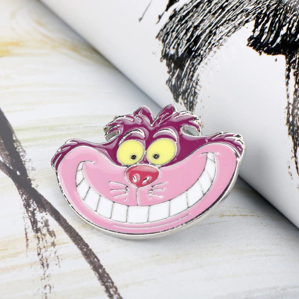 Cartoon Animal Brooch Pins Anime Movie Theme Cheshire Cat Shape Enamel Alloy Lapel Pin Jewelry Gift For Kids Friends Accessories