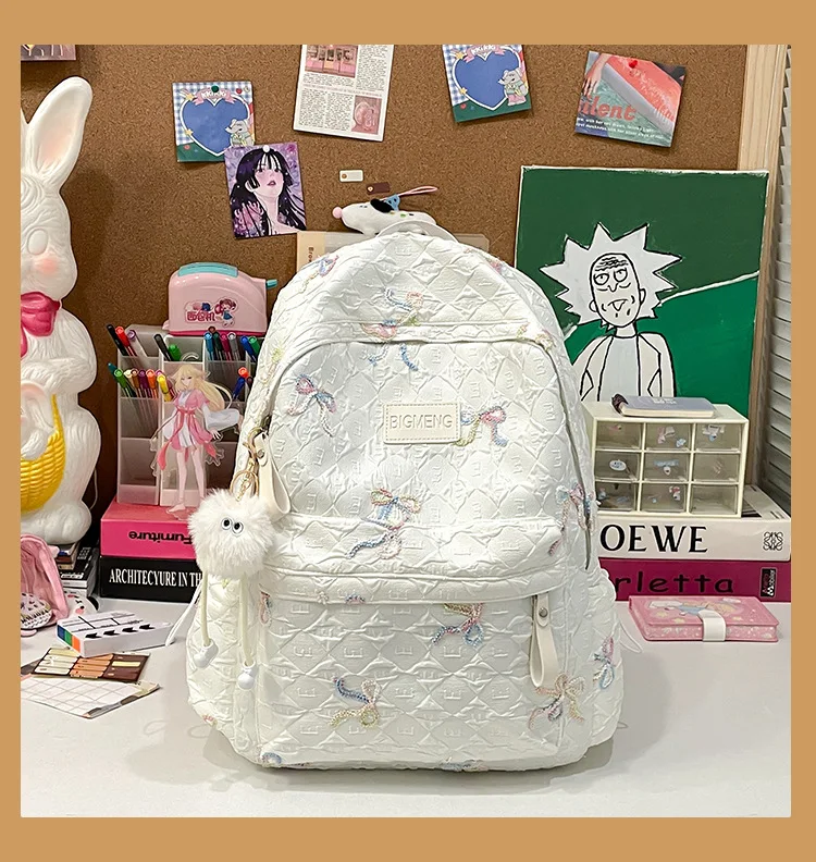 Colorful Bow Full Print Ruched Fabric Backpack Four Colors Available Large Capacity Girls Junior High High School School Bag