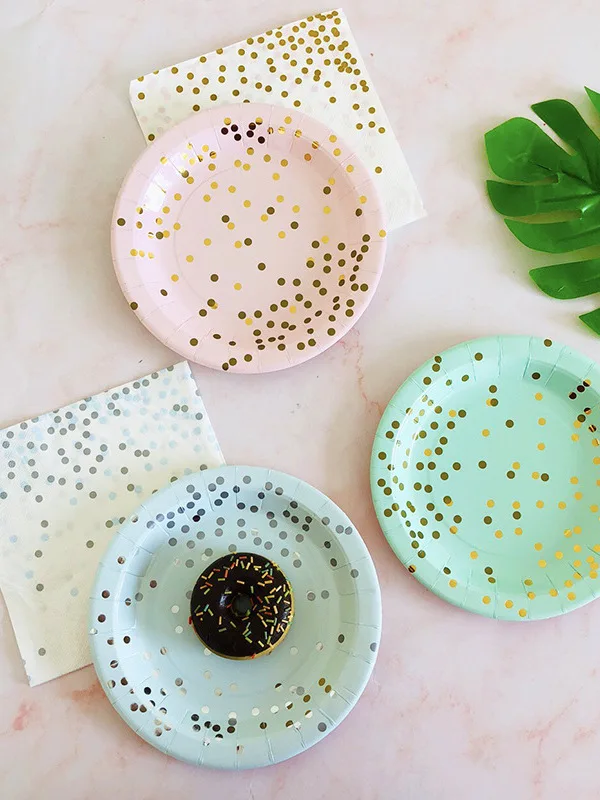 birthday-disposable-gold-stamped-round-plate-napkin-party-dish-dot-plate-pink-blue-green-eco-friendly-tableware-overseas-origin