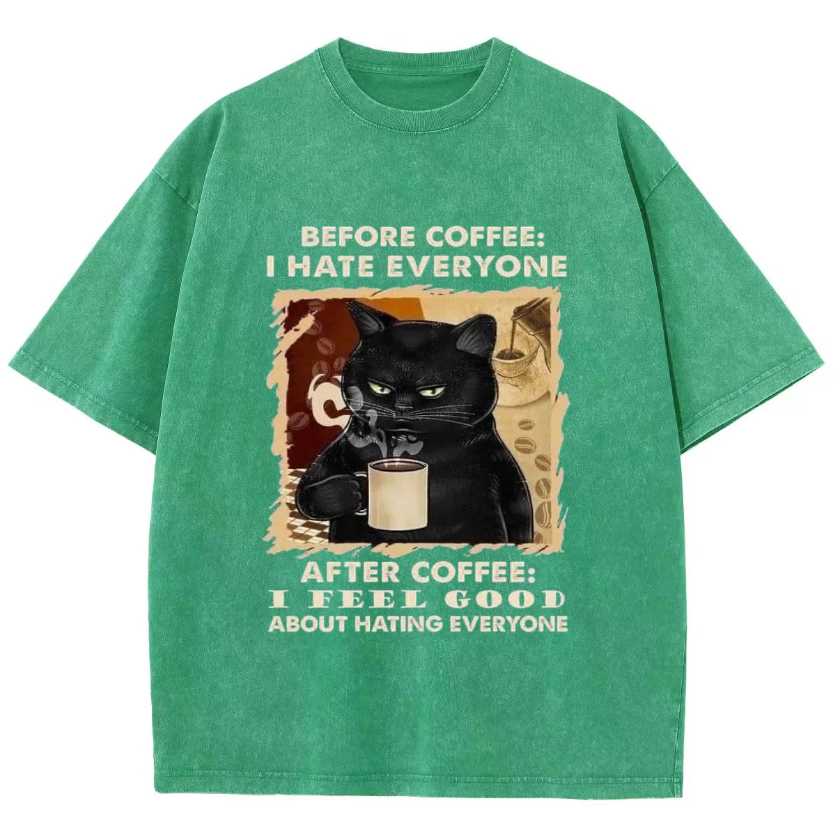 Black Lucky Cat Drinking Coffee Print Unisex T-Shirt Loose Plus Size Oversized Short Sleeve American Vintage Harajuku High Stree image 4