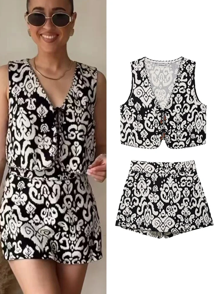 

ZBZA Women's Printed Cropped Vest Shorts Suit Retro Lace-up V-neck Top High Waist Zip Mini Shorts Spring Summer Female Chic Set