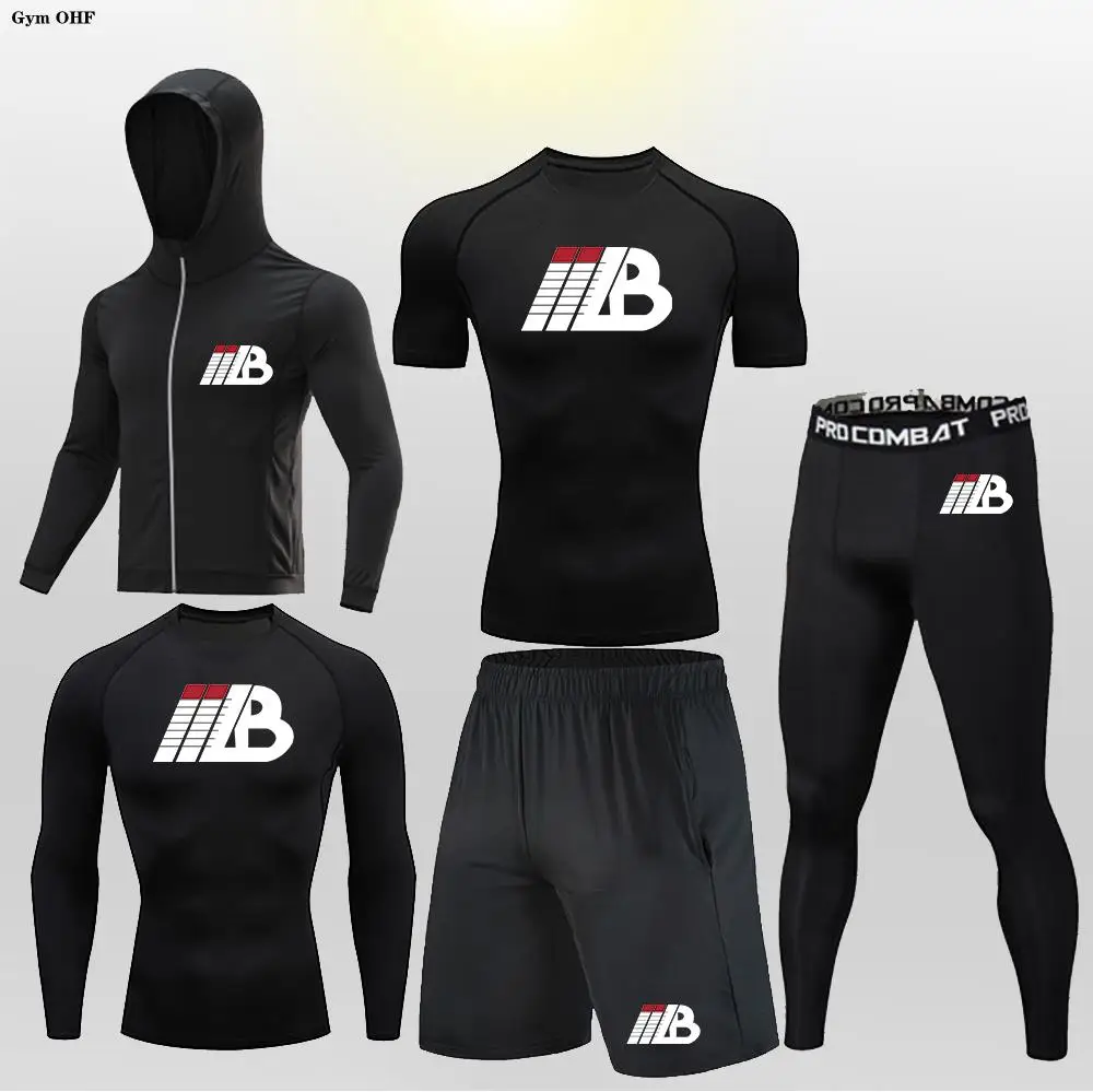 

Men's Workout Compression Set N-B Printed Gym Tshirts Breathable Running Shorts Quick Dry Sports Rash Guard Sportwear Sets Men
