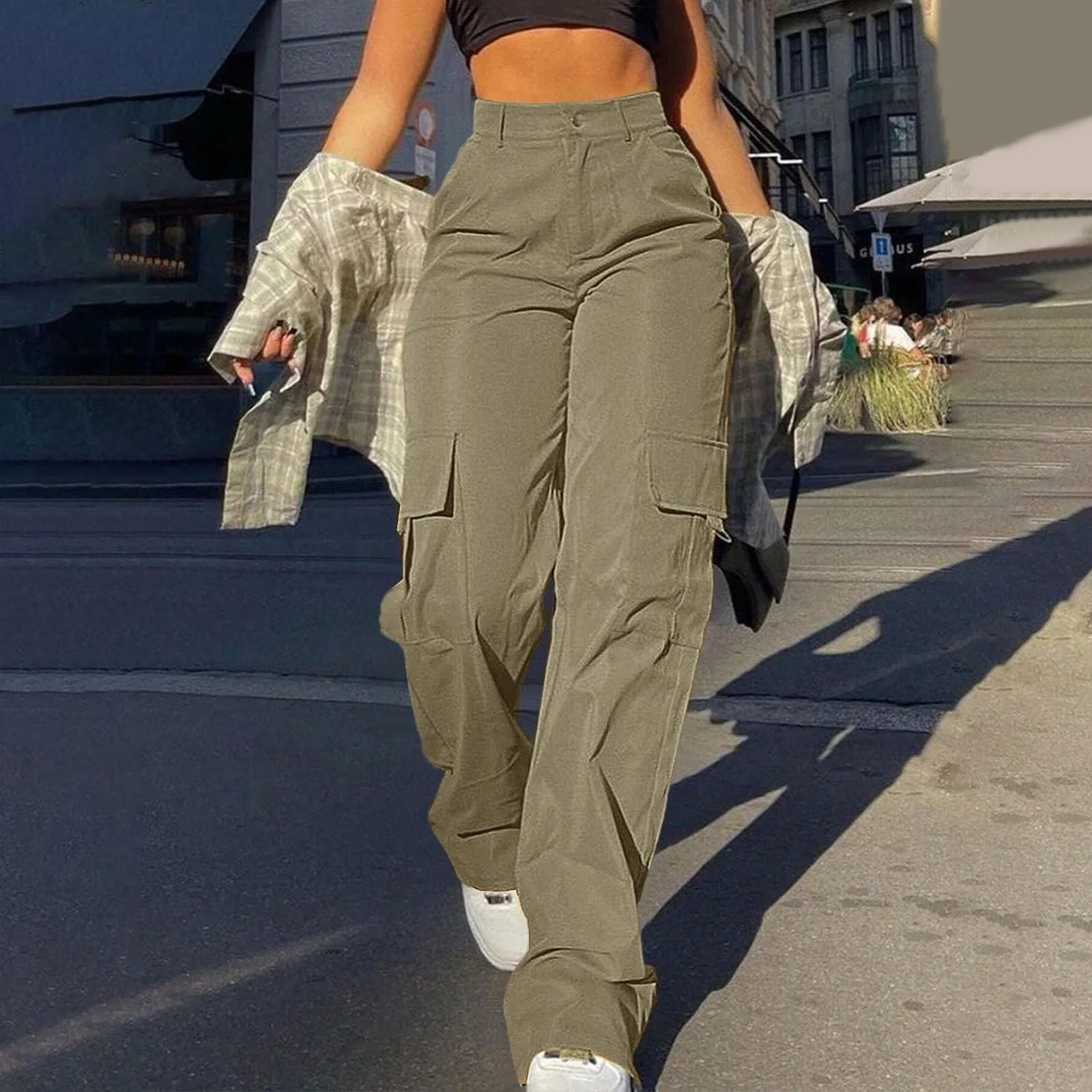 Ladies' Street Fashion Multi Pocket Cargo Pants Summer Solid Color Straight Leg Pants High Waist Slimming Loose Fit Cargo Pants