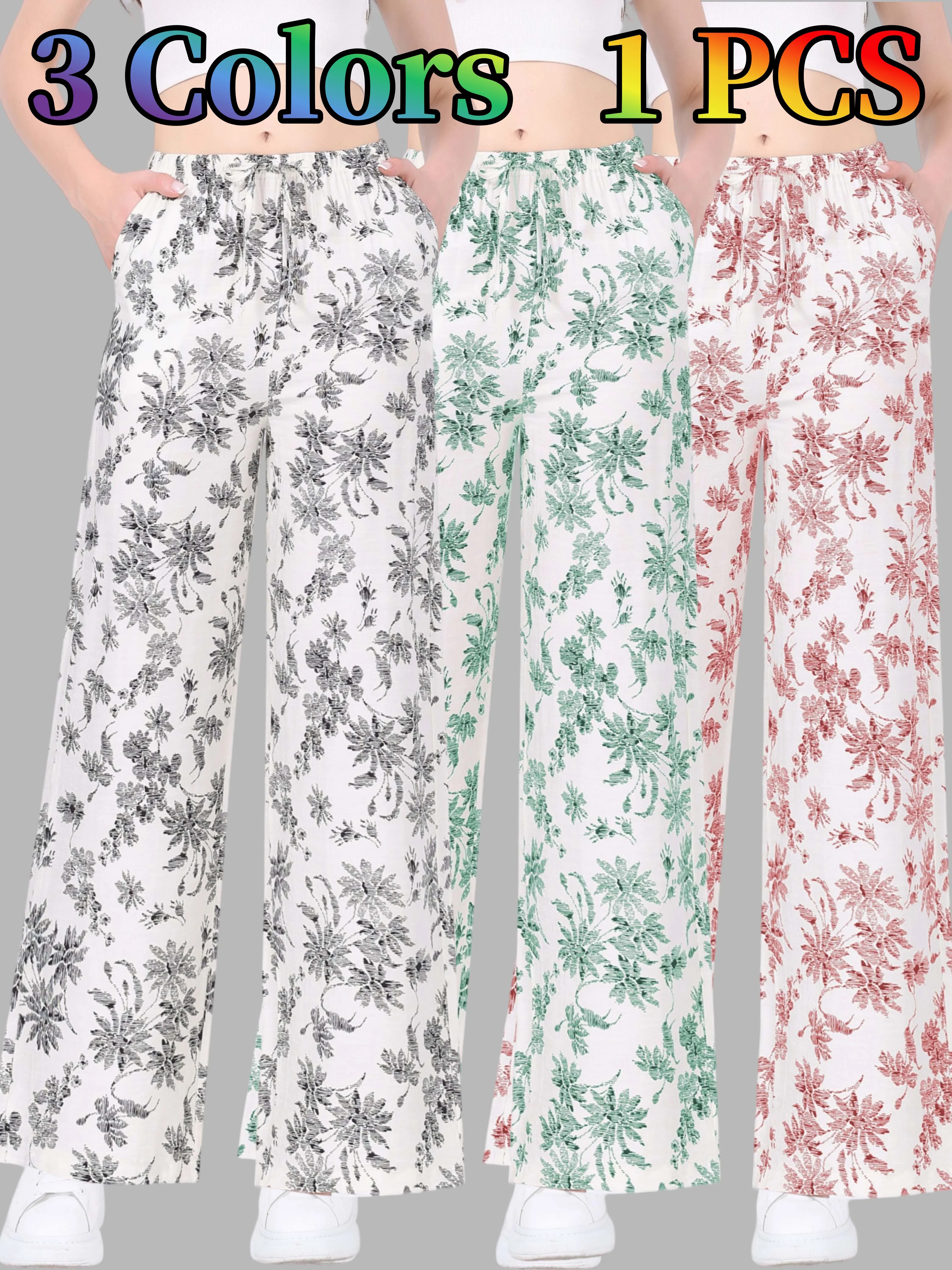 Women Floral Print Wide Leg Pants Elastic Waist Drawstring Lightweight Loose Casual Trousers Holiday Beach Long Pants