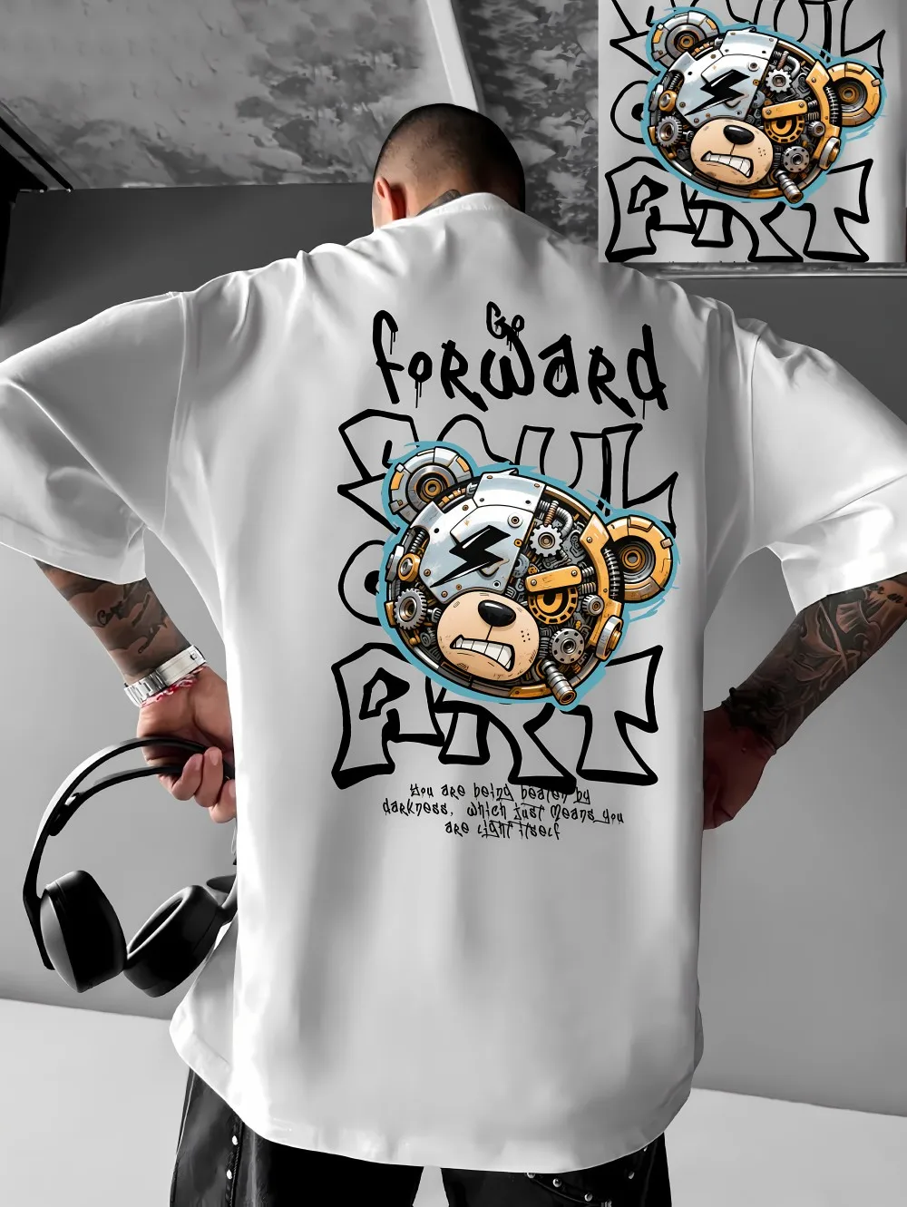 European and American men's summer mechanical bear letter print comfortable and breathable round neck T-shirt outdoor street top