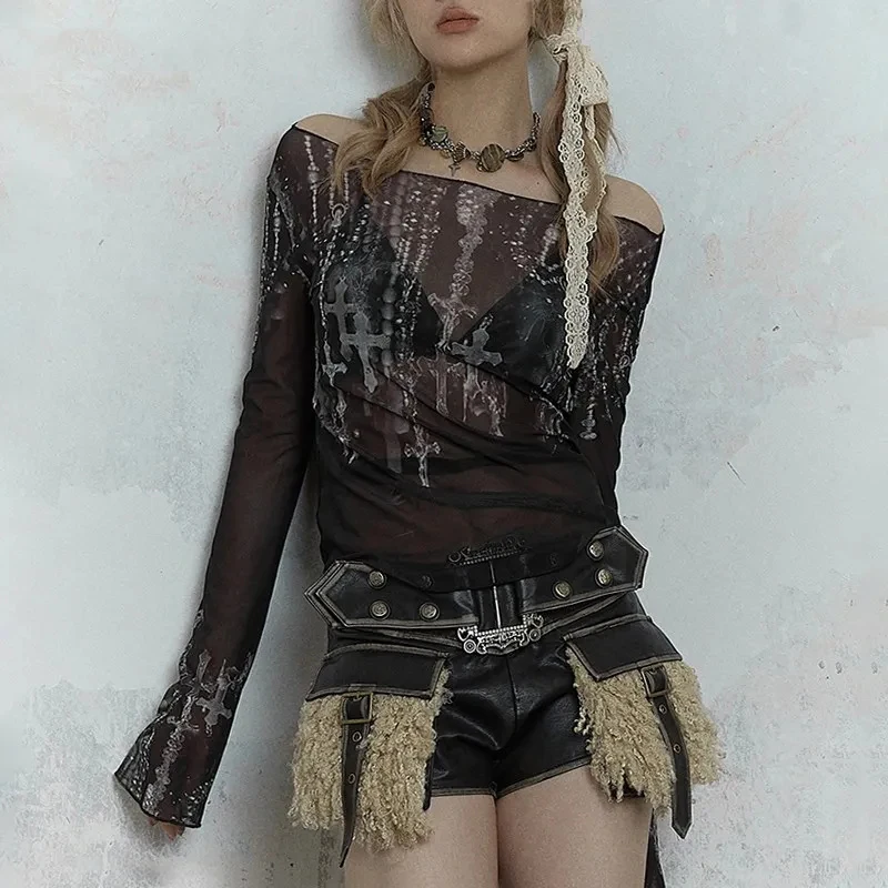 2023 Grunge Aesthetics Mesh Tops Vintage Harajuku Print T-shirt Wasteland Punk Sheer Tops Gothic See Through Alt Emo Streetwear