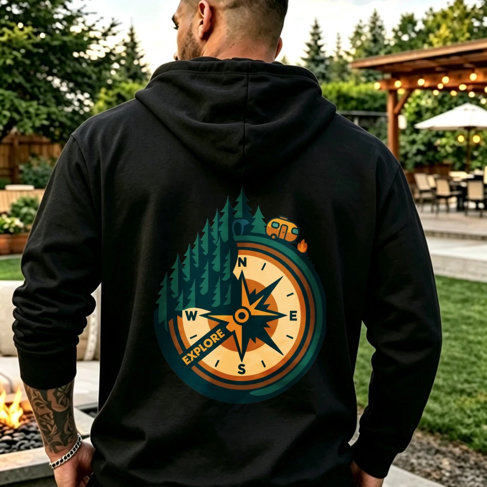 Explore Compass Pine Tree RV Camper Graphic Hoodie Outdoor Camping Hiking Adventure Nature Art Print Pullover Sweatshirt Tops