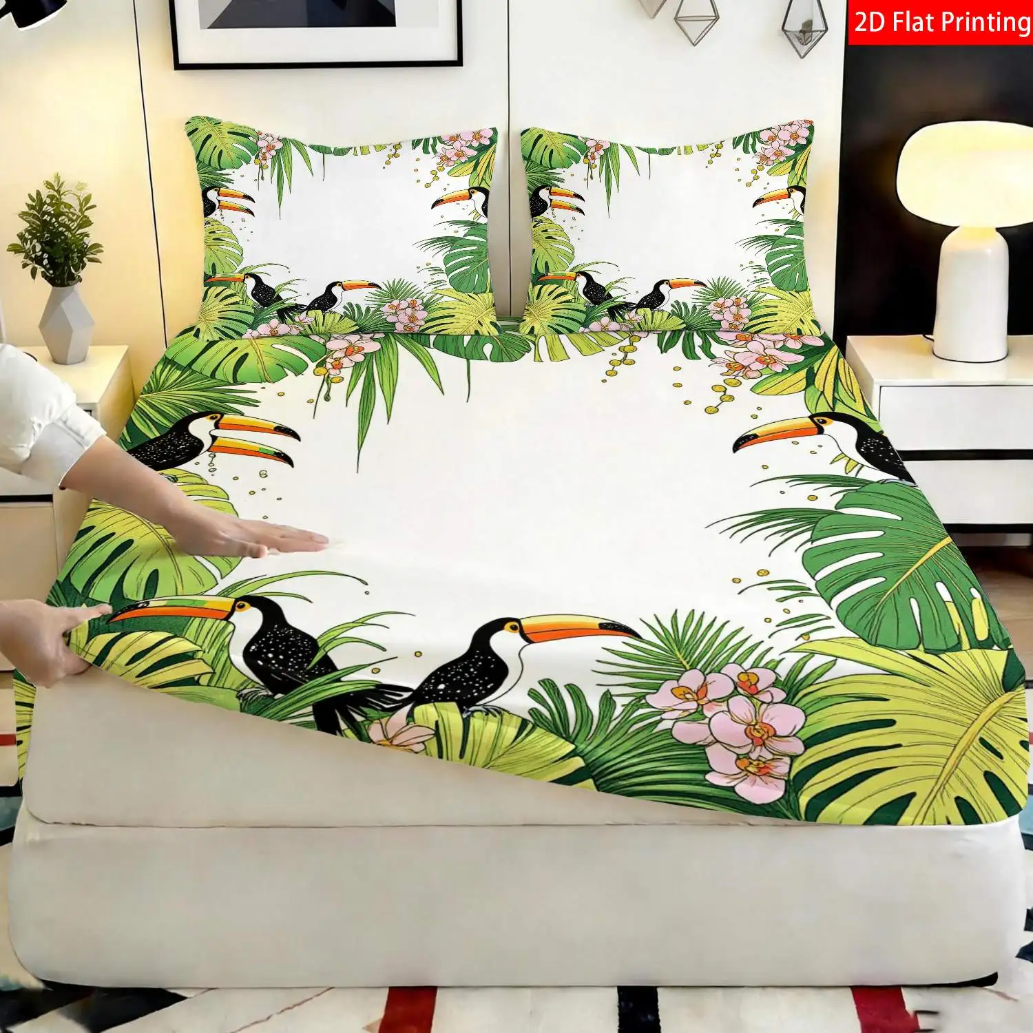 Tropical jungle design with large-billed parrot and palm leaf 2D digital print three-piece bedding set (includes 1 fitted sheet + 2 pillowcases), 3-piece set, large-capacity deep pocket 2D print fitted sheet and 2 pillowcases, mattress protector, fitted elastic style, machine washable, holiday decoration, various sizes, breathable protector with pillowcases