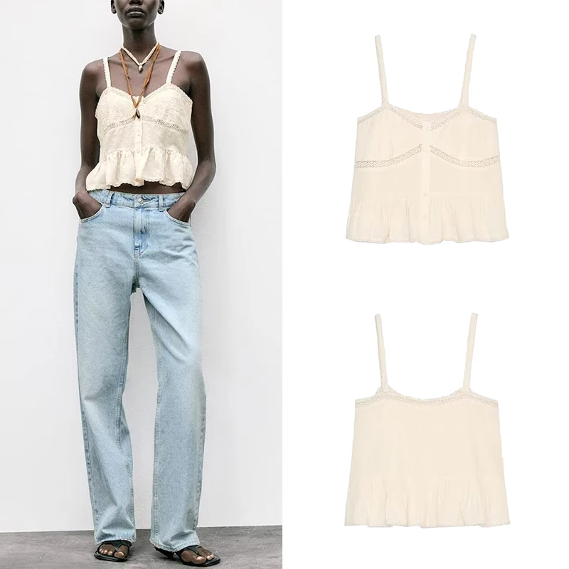 

Romantic Casual Women's Faion Embroidered Lace Trim Top Summer 2025 Z Vaion Sle Polyester Fiber 00% Color