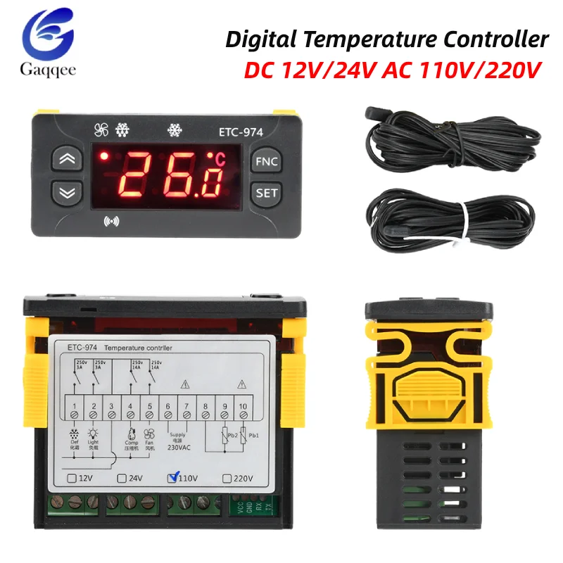 

DC 12V/24V AC 110V/220V ETC-974 Digital Temperature Controller With Waterproof Air Probe Suitable For Cold Storage Greenhouse