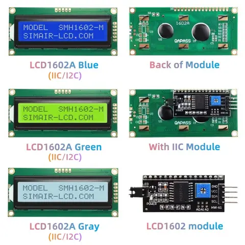 1pcs LCD1602 1602A LCD Module Blue/Yellow Green/Gray Screen 16x2 Character LCD Display PCF8574T IIC I2C Interface 5V for arduino
