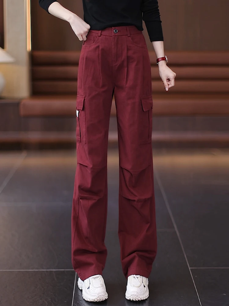 

Женские повседневные брюки с высокой талией, прямые, в рабочем стиле, осенне-весенние, с множеством карманов, американские спортивные, широкие штанины