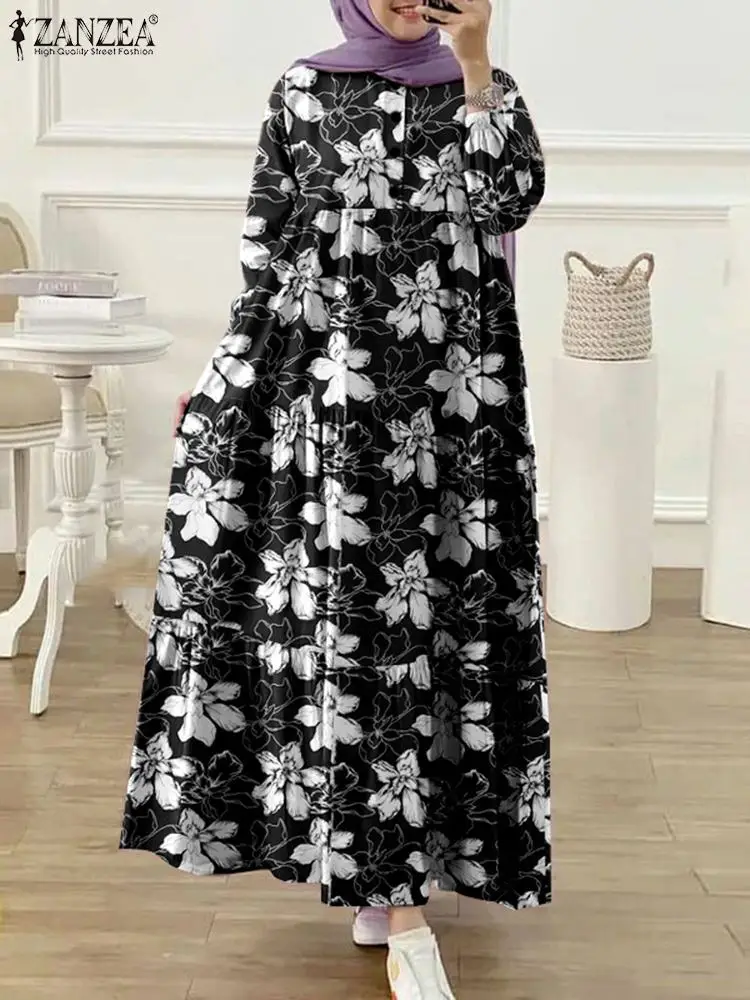 ZANZEA Women Casual Long Dresses Islamic Long Sleeve Loose Floral Print Vestidos Tiered Muslim Fashion Elegant O Neck Abaya Robe