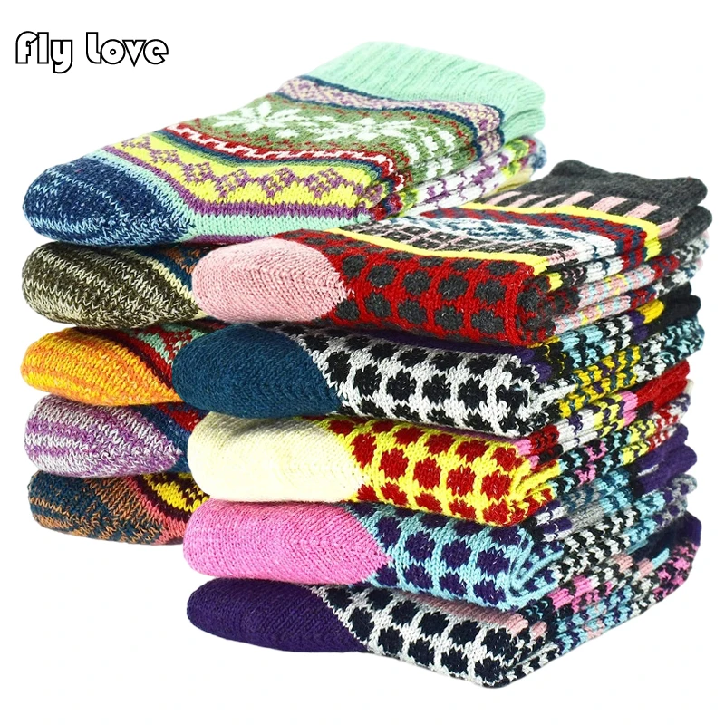 5 Pairs Winter Wool Socks for Women Thick Warm Retro Fashion Casual Soft Cotton Knit Socks Cold Weather Snow Boot Socks