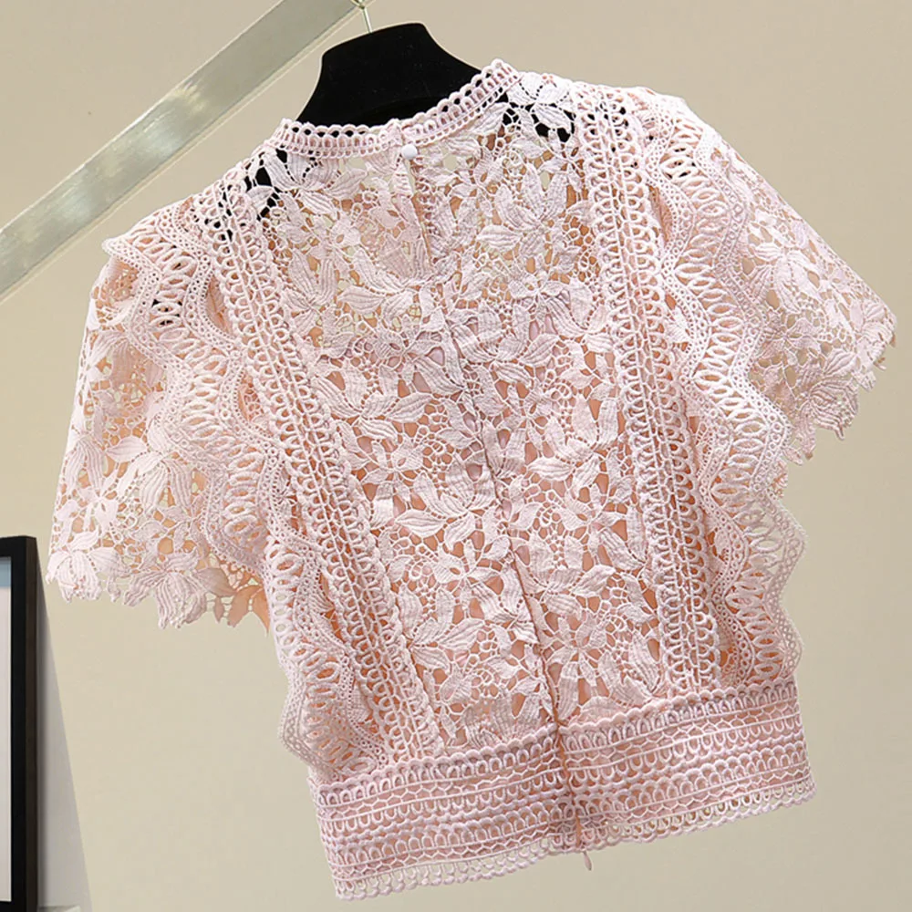 Elegant Lace Hollow Out Design Slim Blouse Women O Neck Flying Short Sleeve Solid Blusas Summer 2022 New Shirt Feminino