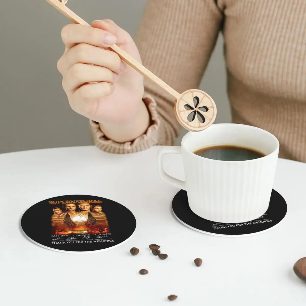 Supernatural Thank You For The Memories Coasters PVC Leather Placemats Waterproof Coffee Mats for Kitchen Dining Pads Set of 6