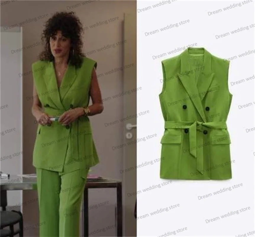 Completo da donna verde Blazer senza maniche con cintura 2 pezzi giacca da ufficio formale da donna doppiopetto abito da ballo su misura