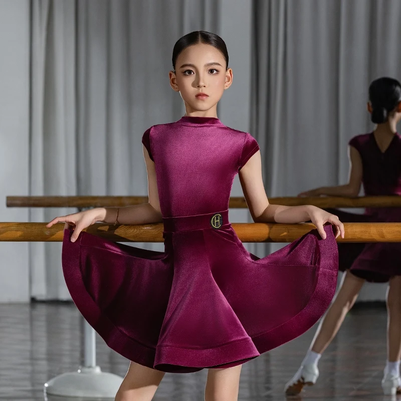 Robe en arête de poisson violette pour filles, Costumes de spectacle de danse latine d'hiver, costume fendu, robe Chacha, vêtements de compétition latine, 2025 DN21632