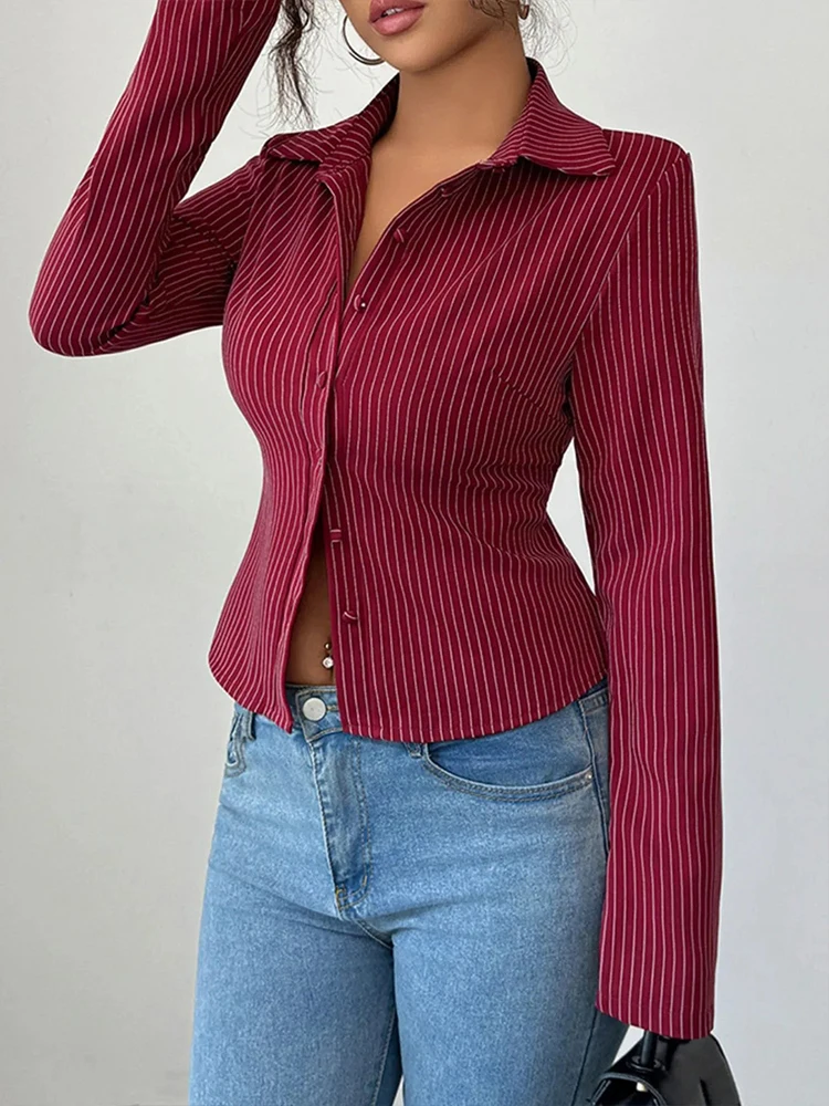 Vêtements populaires coréens pour femmes, col Blazer rayé, coupe cintrée, ourlet irrégulier, chemise pour les déplacements, Streetwear, haut à manches longues, automne