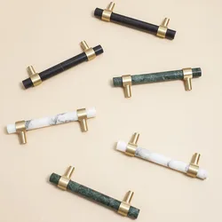 White/Black/Green Marble Cabinet Handle Nature Stone Knobs for Drawer Modern Brass T Bar Furniture Door Pulls