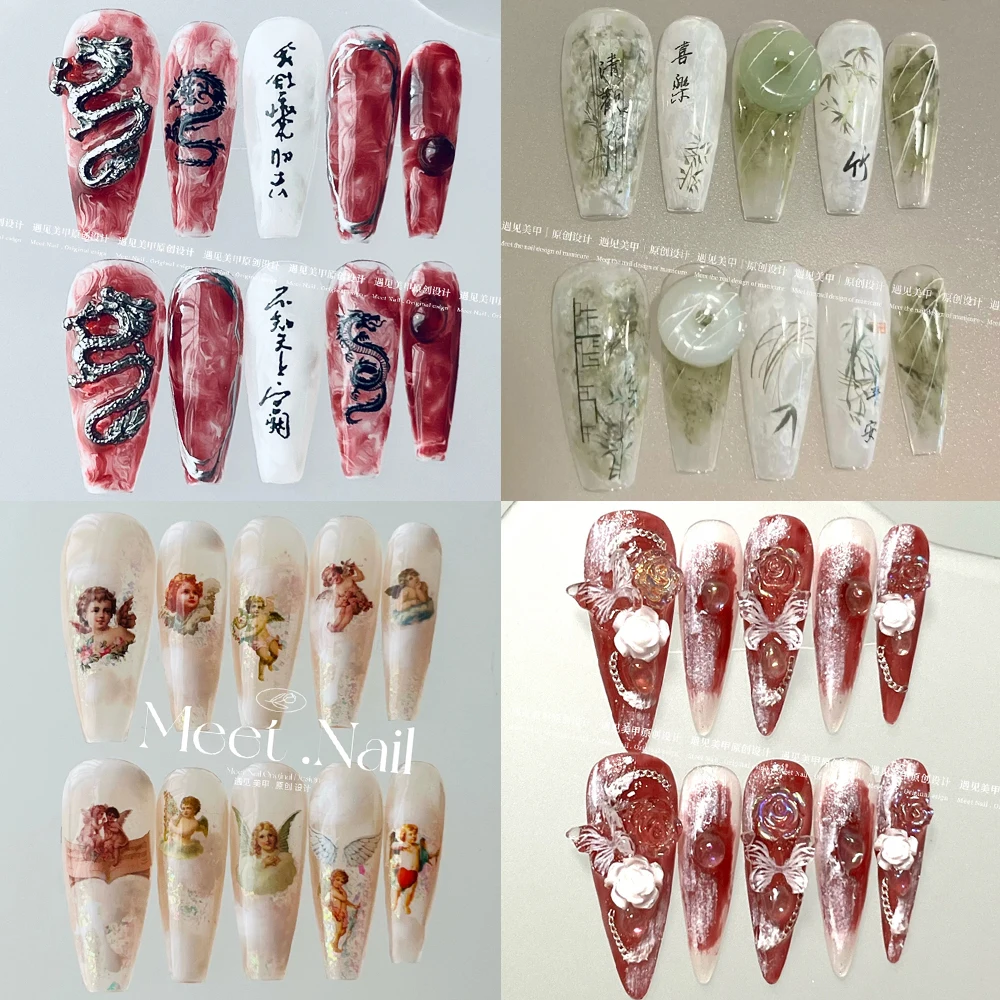 

Chinese Style Dragon Bamboo Press On Nails Art Smudge Camellia Butterfly Long Coffin Ballerina Handwork Fake Nails Sticker