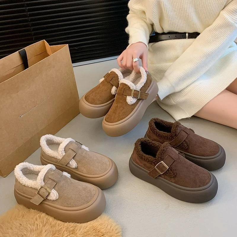 Women Winter keep warm short plush suede Adjustable Needle Buckle Boots Fashion thick sole Snow Boots non-slip Platform Boots