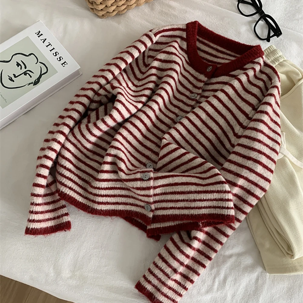 Casual Gestreifte Gestrickte Strickjacken Frauen Herbst Winter Kontrast Farbe Oansatz Einreiher Pullover Mäntel Weiche Alle-Spiel Pullover