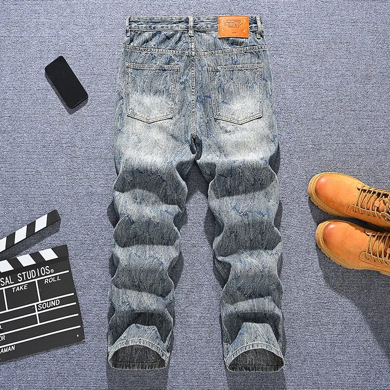 Свободные мужские джинсы прямого кроя, модный вышитый принт, модный уличный стиль, элитные ретро и крутые брюки Y2K.